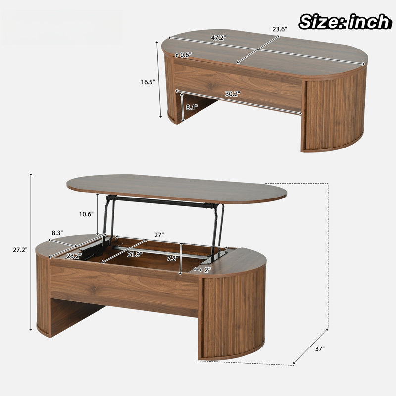 Table basse ovale avec mécanisme de levage hydraulique, compartiment caché et rainures ondulées verticales
