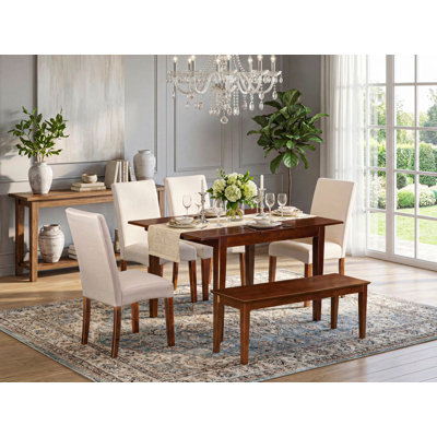 L'ensemble de table de salle à manger 6 pièces contient une table de cuisine rectangulaire avec feuille papillon et 4 chaises Parson en lin crème avec banc, acajou
