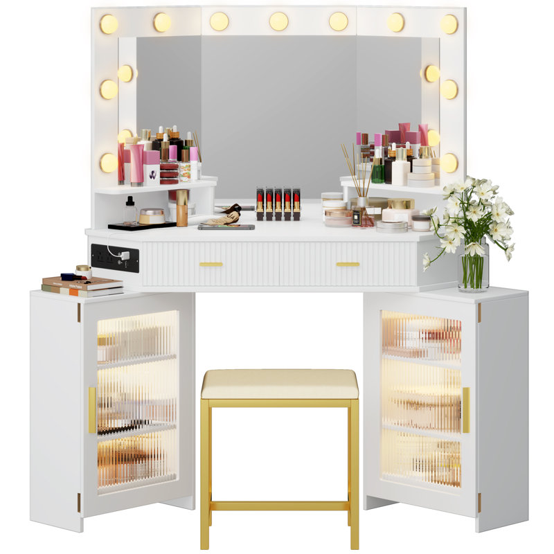 Modern Corner Makeup Vanity Set with Mirror and Cabinets, White
