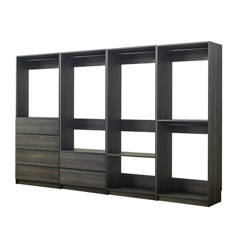 Système d'organisation modulaire Dee, 6 tablettes, 5 tringles, finition en bois gris