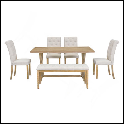 6-Piece Retro Rectangular Dining Table Set, Table With Unique Legs And 4 Upholstered Chairs & 1 Bench For Dining Room And Kitchen