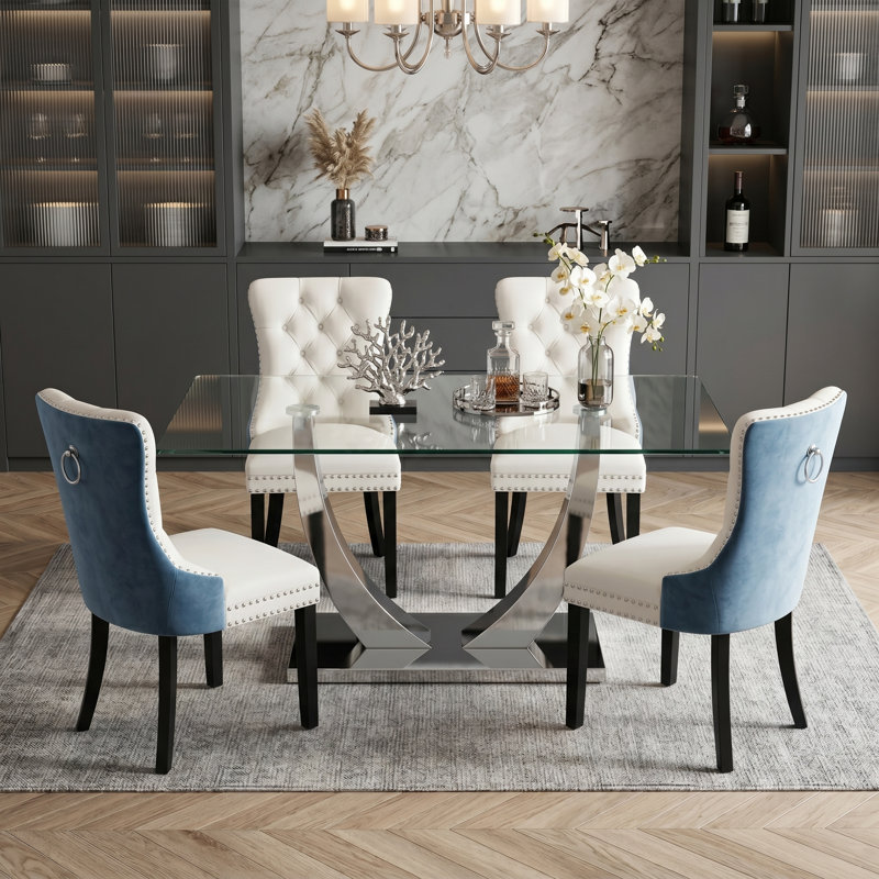 Ensemble de salle à manger rectangulaire moderne en verre avec chaises Parsons rembourrées et capitonnées, Blanc / Bleu