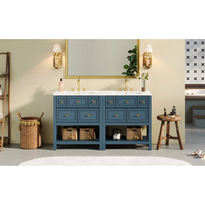 Meuble-lavabo bleu et doré de 60 po avec lavabo en céramique séparé, meuble-lavabo simple, style moderne, 10 tiroirs de rangement, tiroir en bois massif de 60 po, conception, structure, trois trous pré-percés