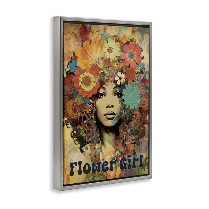 Cadre flottant Bohemian Flower Girl, design par Sasha, Cadre flottant gris lustré, H 31 po x l 21 po