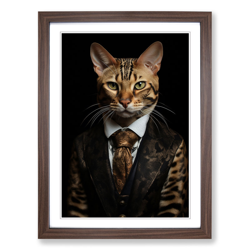 Bengal Cat in a Suit Painting - Framed Print, Walnut, 46cm H x 34cm W x 2cm D