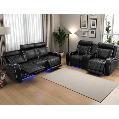 2-Piece Breathing Leather Power Recliner Sofa Set With LED Light,Wireless Charger, Reading Light, And Storage Armrest