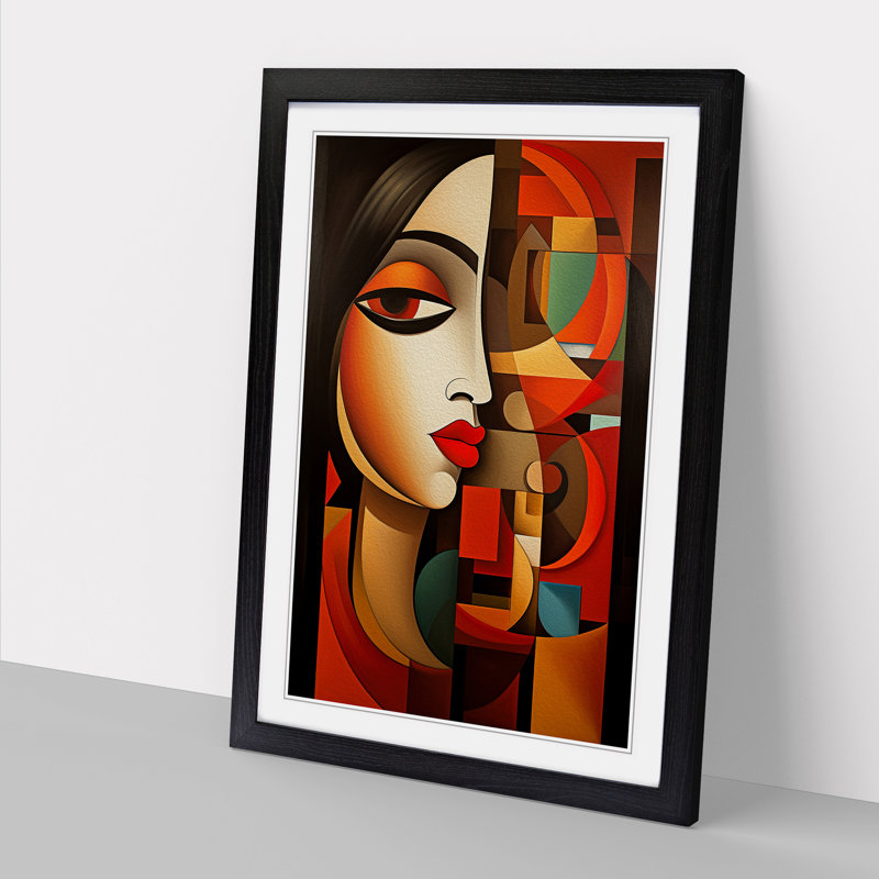 Indian Woman Cubism - Single Picture Frame Print on Wood, 46cm H x 34cm W x 2cm D, Black Framed