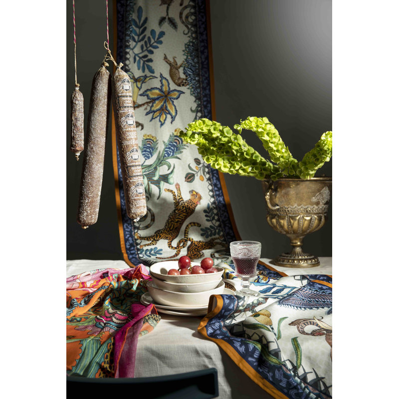 Sabie Handmade Floral Table Runnner, 138" L x 16" W, Blue/White/Cream