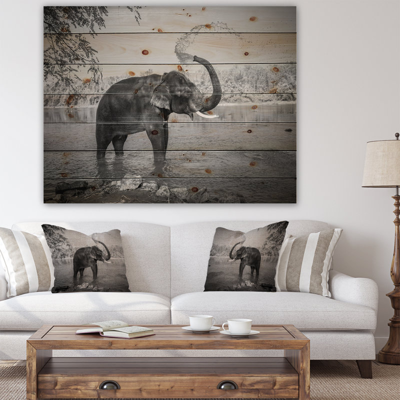 «Elephant Bathing», impression sur bois sans cadre, H 24 po x l 36 po x P 1 po