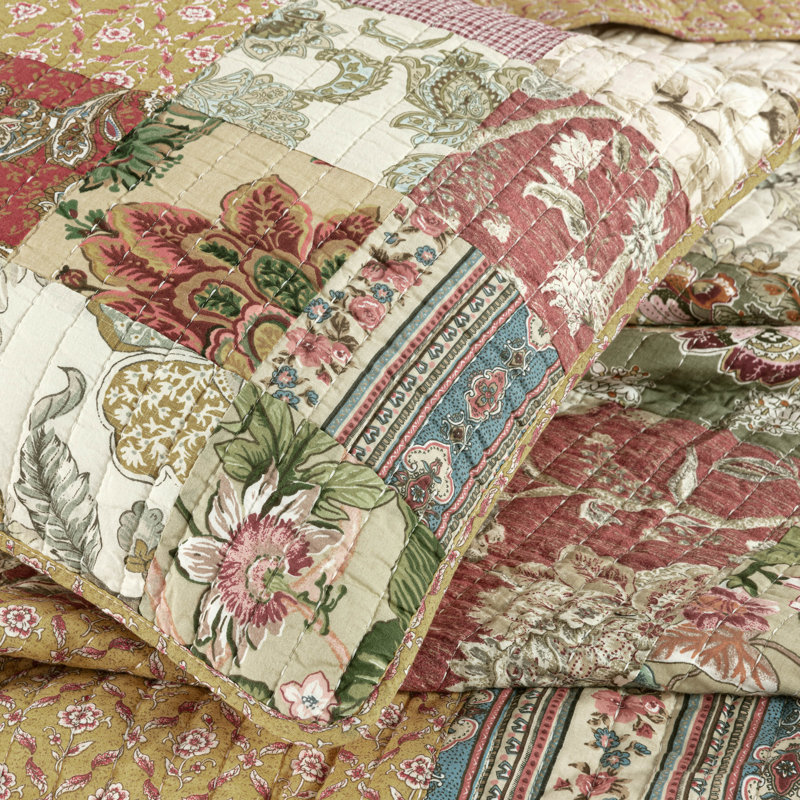 Ensemble de courtepointe réversible en coton beige / rouge , Courtepointe pour lit de jour + 3 taies décorativ