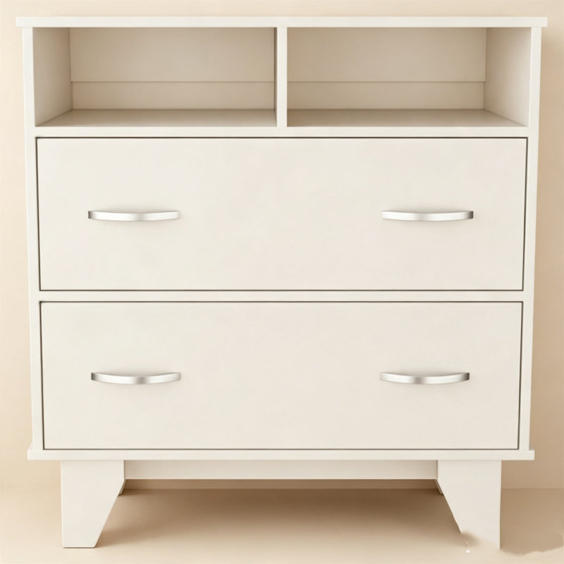 Commode de style blanc Portanova, équipée de deux tiroirs de rangement, de deux tablettes ouvertes, d'un plateau supérieur de qualité supérieure et de quatre pieds de support stables, de meubles de rangement pour la chambre à coucher
