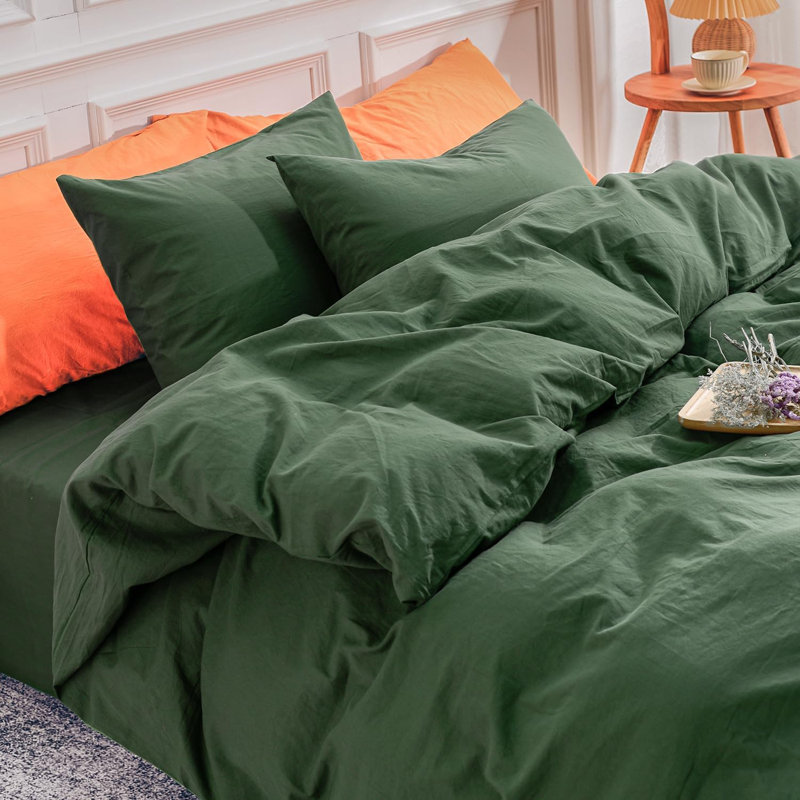 NEXHOME PRO Duvet Cover Set King Size Linen Feel Textured Organic Natural 100% Washed Cotton Duvet Cover 3 Pieces Bedding Set with Zipper Closure, Breathable, Soft, Forest Green (No Comforter)
