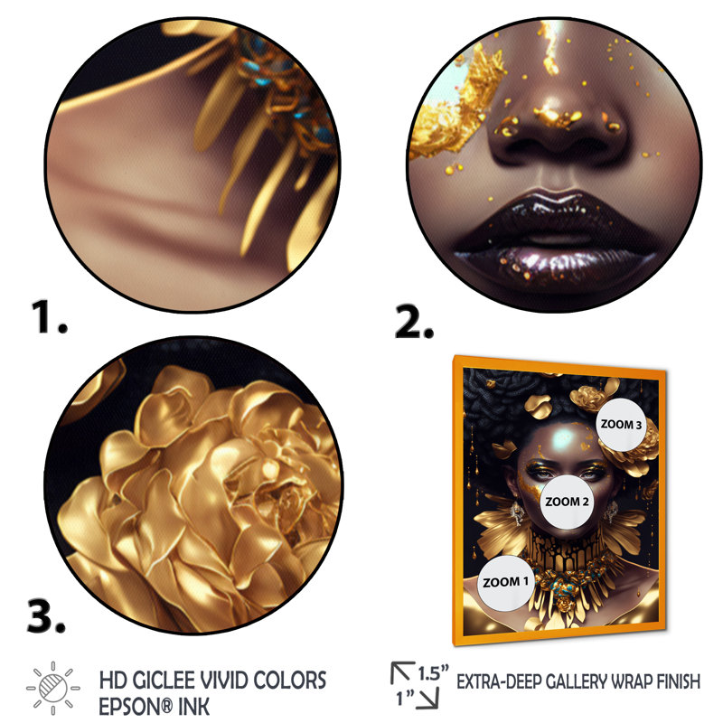 Art floral doré et noir femme VI - Art mural afro-américain, H 32 po x l 24 po x P 1 po, Impression sur dorée toile encadrée