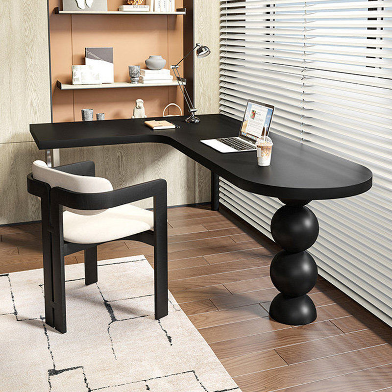 Bureau d'angle en bois massif noir avec pieds en acier inoxydable, H 29,53 po x l 86,61 po x P 55,12 po