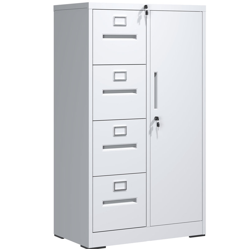 Office Vertical File Locker In White With 4 Drawers And Lock - Build, Silent Drawer Movement, Adjustable Rails, White