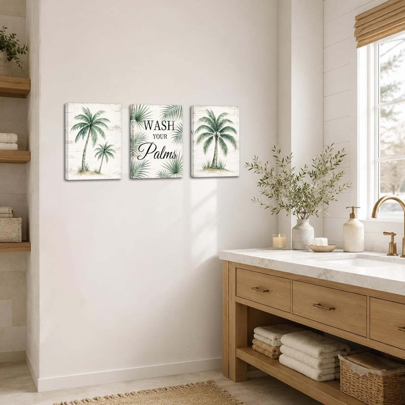 Palm Tree Bathroom Wall Art Set of 3 Green 'Wash Your Palms' 30x40cm