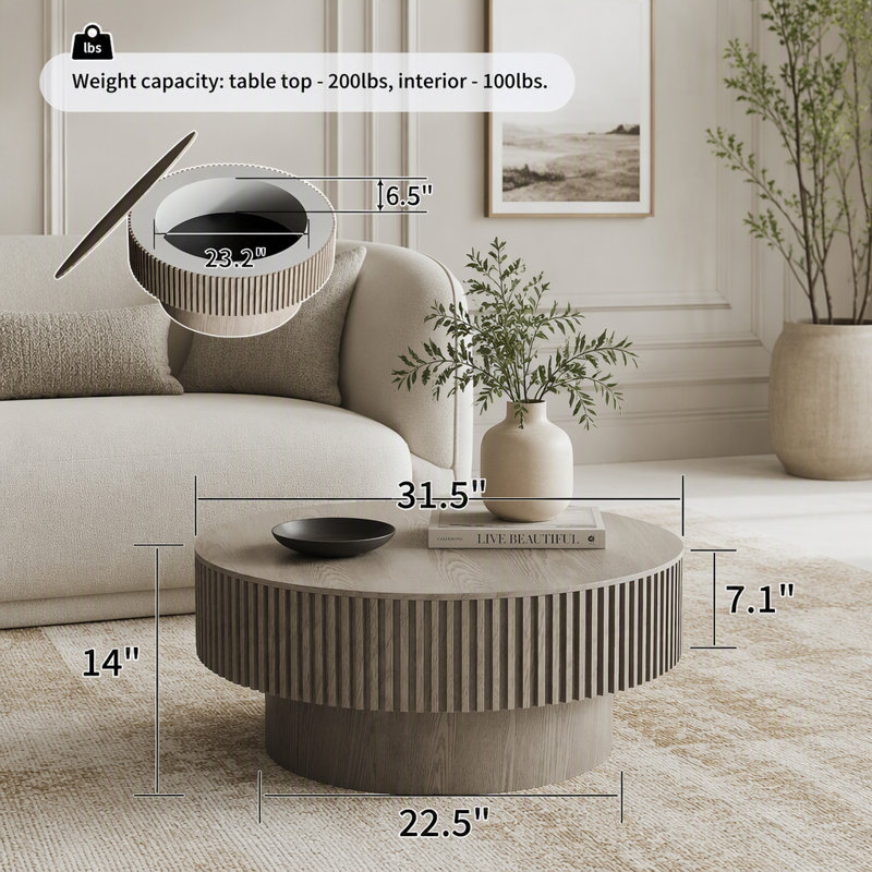 Table basse ronde avec rangement caché, 32 lbs, Grey