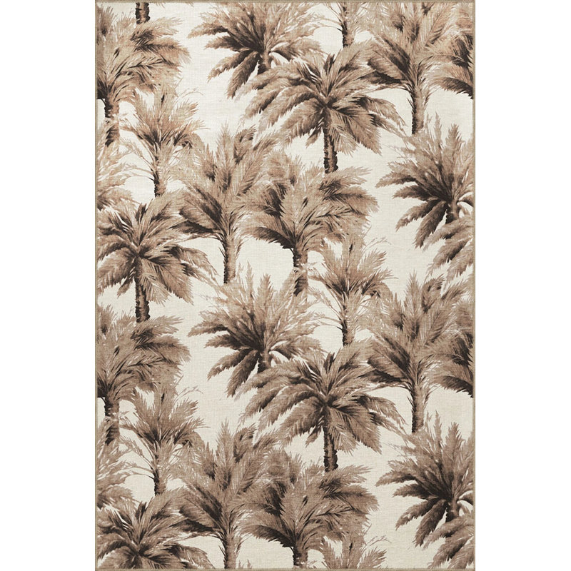 Beige Themed Tropical Design Palm Tree Patterned Modern Decorative Carpet, Runner 3'4" x 9'11"