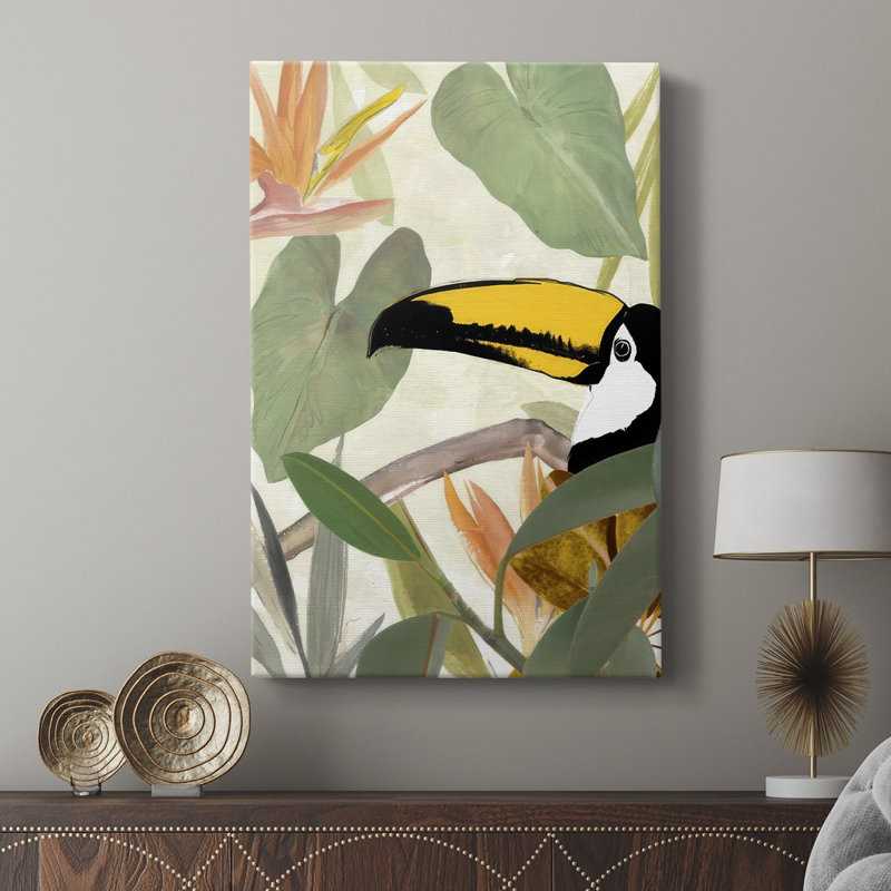 Perroquet dans les feuilles I - galerie Cavas, H 48 po x l 32 po