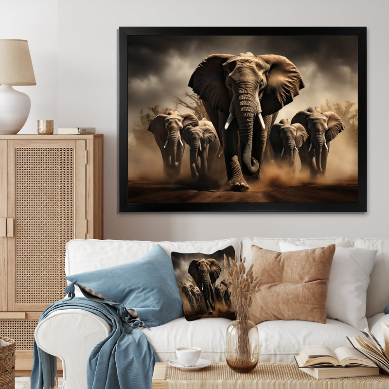 Éléphant harmonie en monochrome III - Éléphant, reproduction sur toile encadrée, H 16 po x l 32 po x P 1 po