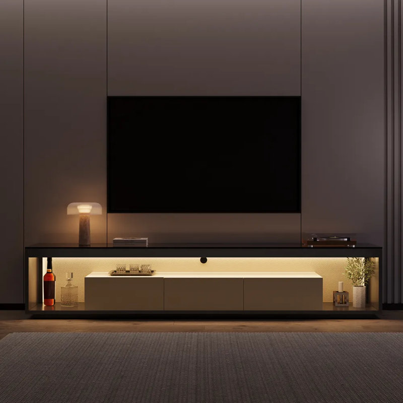 Modern Low Profile TV Console With Glass Tabletop, 18”H x 94”L x 16”W
