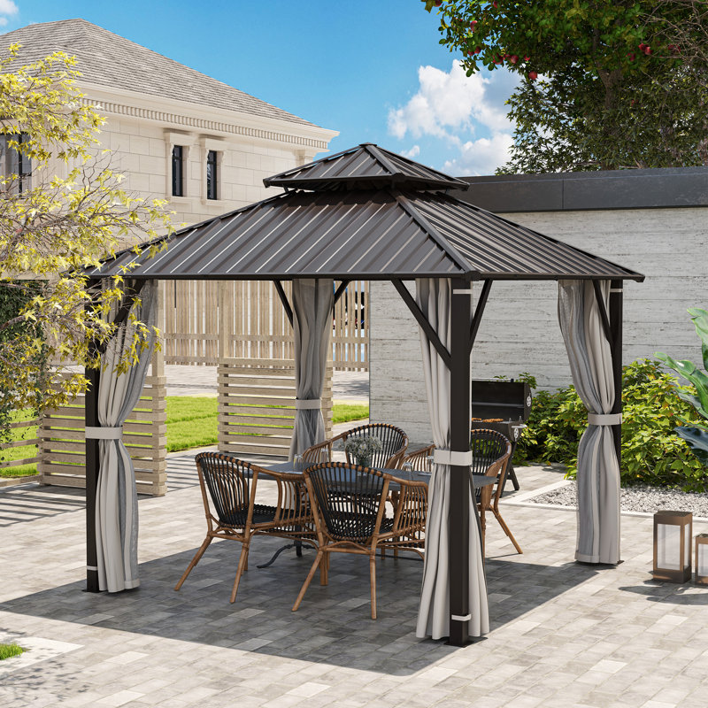 Outsunny 3 x 3(m) Hardtop Gazebo with Metal Roof, Netting and Curtains, Brown