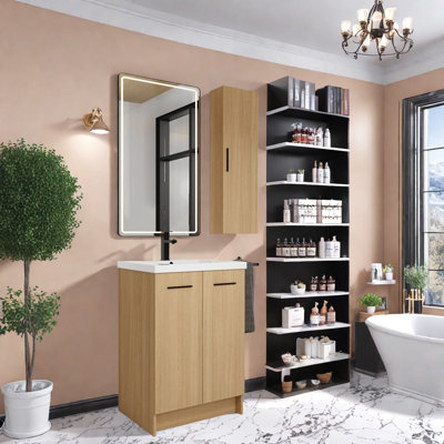 Meuble-lavabo autoportant (doit inclure le meuble-lavabo et le lavabo), rangement en chêne clair