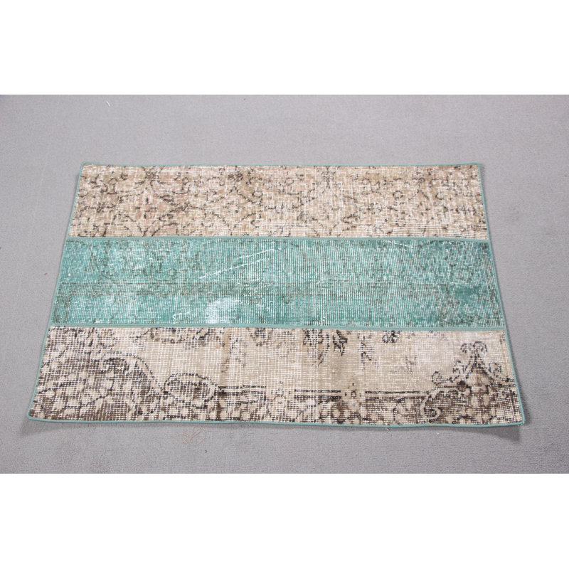 Tapis turc beige et bleu sarcelle tissé à la main à la main - Petite pièce décorative en laine pour le salon ou la chambre à coucher avec design anatolien authentique