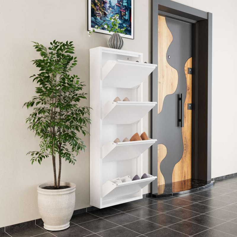 Modern Shoe Cabinet, White, 19.7 x 53.5 x 5.9 Inches | 100% Metal Construction, 0.03 Inches Thickness | Wall-Mountable Design with Centrally Opening Doors & Magnetic Holders | Stylish & Space-Saving Storage Solution