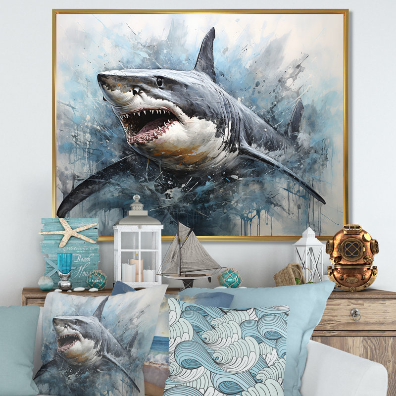 Minimalism Blue Shark Painting - Shark Wall Art, 34" H x 44" W x 1.5" D, Gold Floater Framed