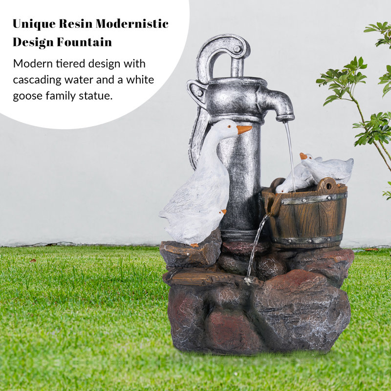 23.62"H Resin LED Fountain With Gooses Statue