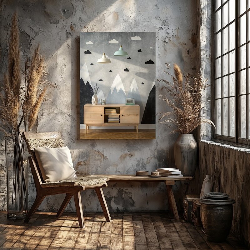 Toile Une scène intérieure d'inspiration scandinave douillette avec un buffet d'art mural en bois clair avec une finition naturelle ornée d'un art mural en toile