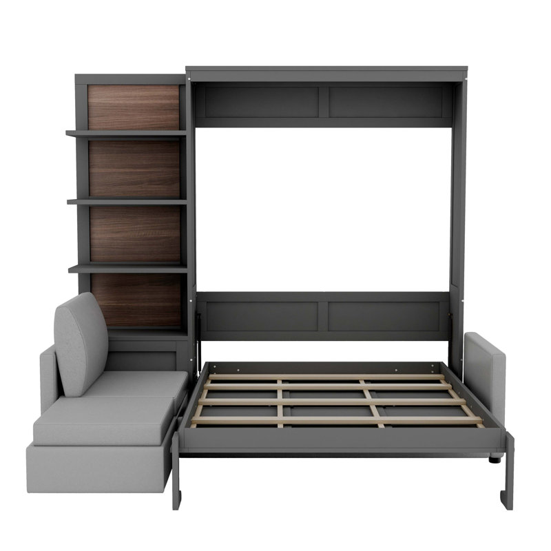 Grand lit escamotable mural avec canapé et tablettes, Gris