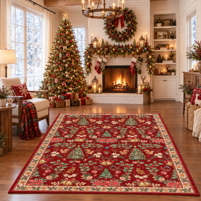 Tapis de Noël Noel, tapis festif avec écureuils, chats, clochettes et arbres de Noël