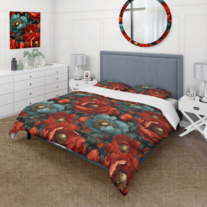 Literie à motif de fleurs de pavot bleues et rouges, Housse de couette simple + 1 taie décorative stan