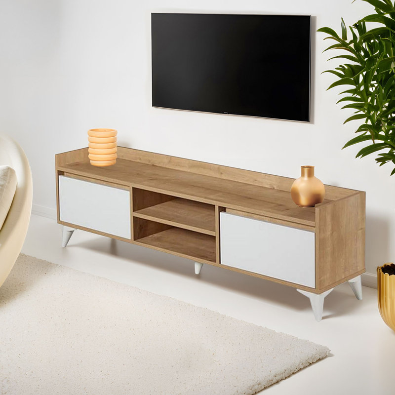 Meuble télé 63,0 x 18,5 x 13,4 pouces Modern Modern Panneau de particules 100% mélaminé, bandes de chant en PVC de 0,8 mm | Conception murale avec de nombreuses tablettes | Solution de rangement élégante pour salon et centre de divertissement