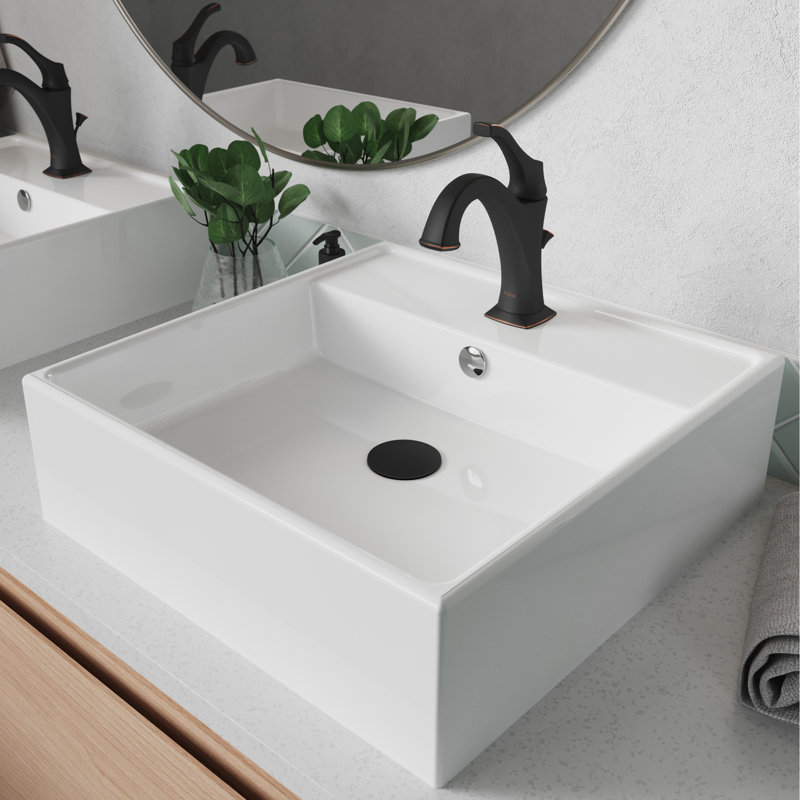 Elavo Ceramic Square Vessel Bathroom Sink with Faucet and Overflow, Oil Rubbed Bronze