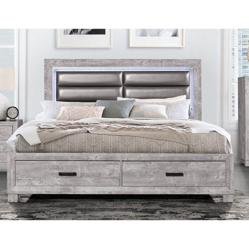 Grand lit gris gris avec rangement et tête de lit rembourrée, fabrication en bois massif, 2 rangements, tête de lit