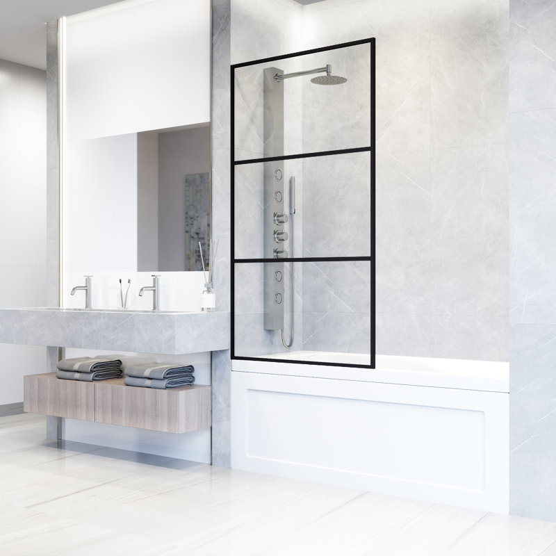 Pare-baignoire fixe avec verre à rayures 3/8 po Divide l 34 po x H 62 po, Noir mat transparent
