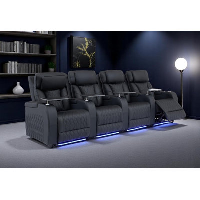Home Theater Seating Top Grain Leather, Movie Theater Chairs Theater Recliner Sofa With Dual Power Ergonomic Design 7 Colors Ambient Lighting Tray Table Type-c Usb Charge (black, Row Of 4) By Ivy Bronx