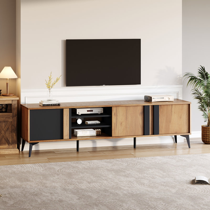 180cm Black Brown Particle Board TV Stand for 80" TV, 3 Open Storage Compartments