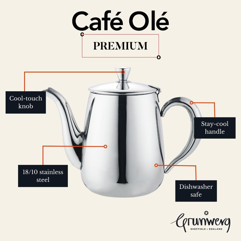Café Olé Premium Coffee Pot, 18/10 Stainless Steel, Mirror Polished, 56Oz, Stay Cool Hollow Handles, Perfect Pour Spout