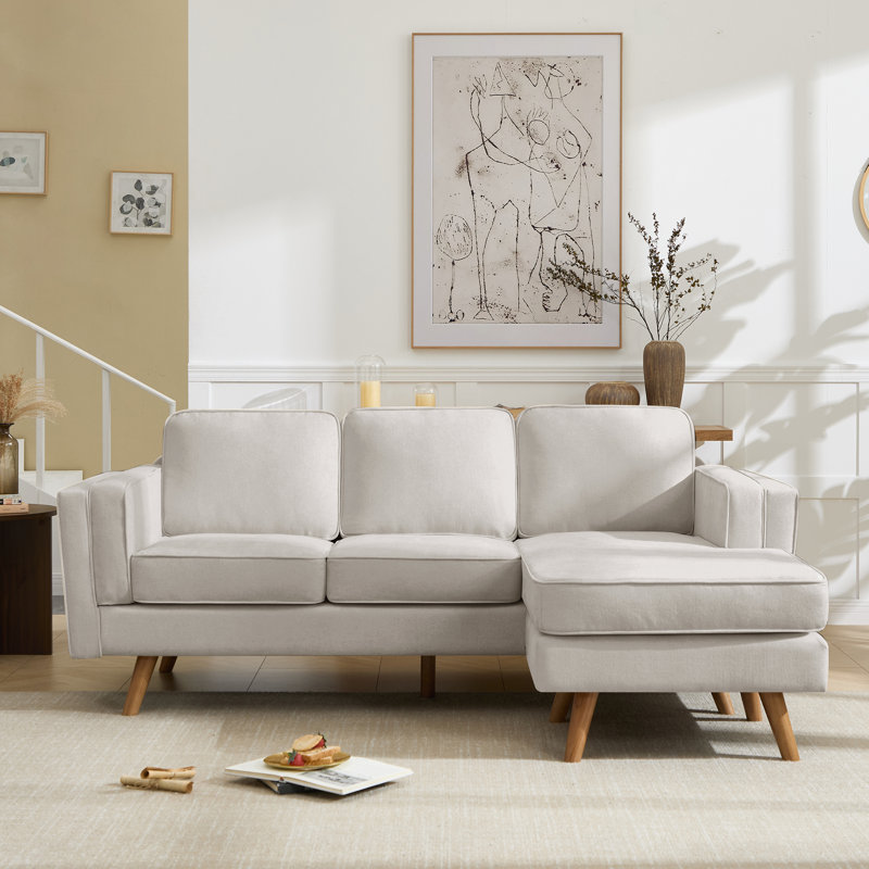 Canapé modulaire réversible 84 po en chenille 84 po avec méridienne, repose-pieds mobile et pieds en bois massif, Kaki
