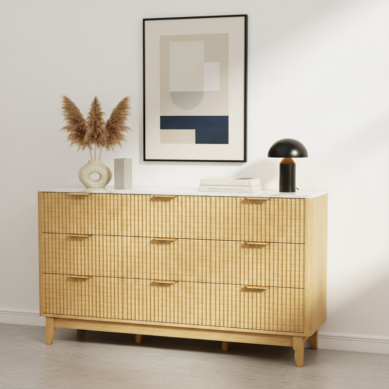 57'' Wide 9 - Drawer Double Dresser With Marble Top, Fluted Natural Oak,  32.3"H × 57.1"W × 15.8"D