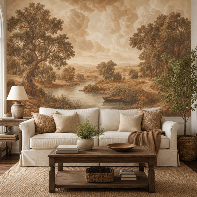 Papier peint sépia paysage campagne pastorale rivière et roseaux, 200"x120", Textured Non-Pasted