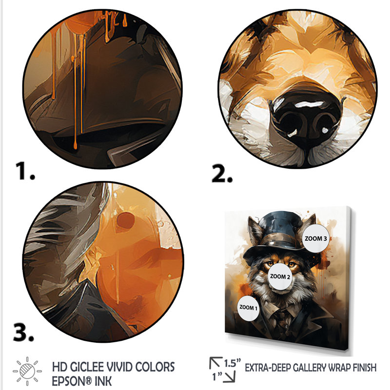 «Trenchcoat» noir loup mystère III - loup, art mural, Cadre doré simple, H 16 po x l 16 po x P 1 po