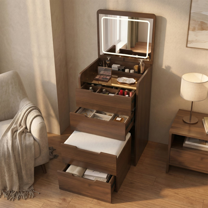 Ensemble de coiffeuse rabattable avec miroir DEL, plateau en verre trempé, tabouret de rangement, 3 lumières à intensité variable, blanc
