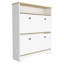 Range-chaussures H 46 po, une tablette de rangement ouverte, deux tiroirs de rangement internes, deux portes, chêne clair / blanc