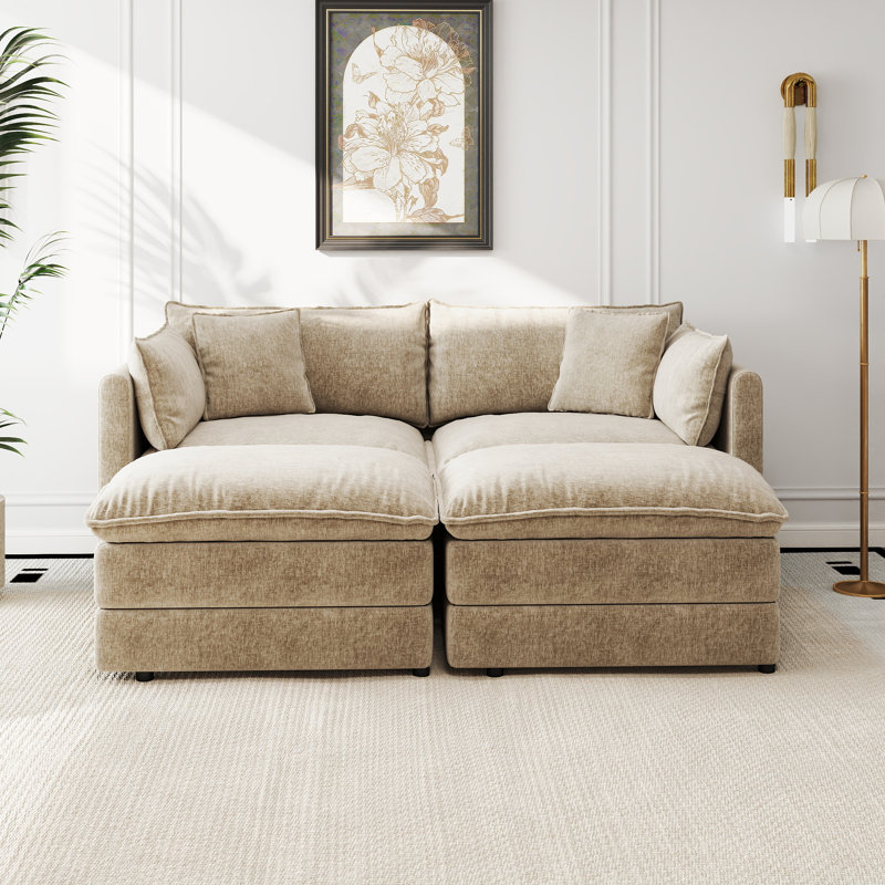Canapé-lit en chenille moderne avec repose-pieds, Café chenille, H 33,85 po x l 77,16 po x P 35,82 po