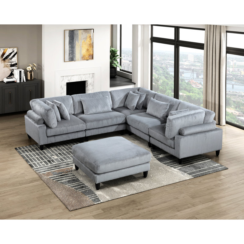 Gray Corduroy 6Pc Modular Living Room Sectional - 2 Armless Chairs, 3 Corner Seats, 1 , Pocket Coils & Black Legs 6 In Upholstery 100%